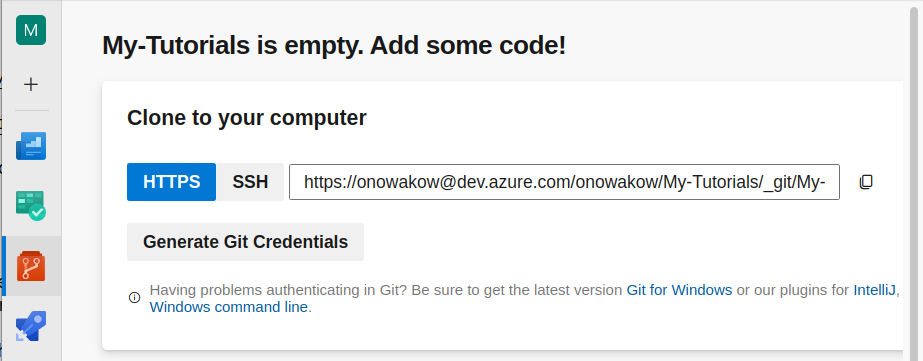 New DevOps repo shows an empty repo, a repo link, and a button labeled Generate Git Credentials