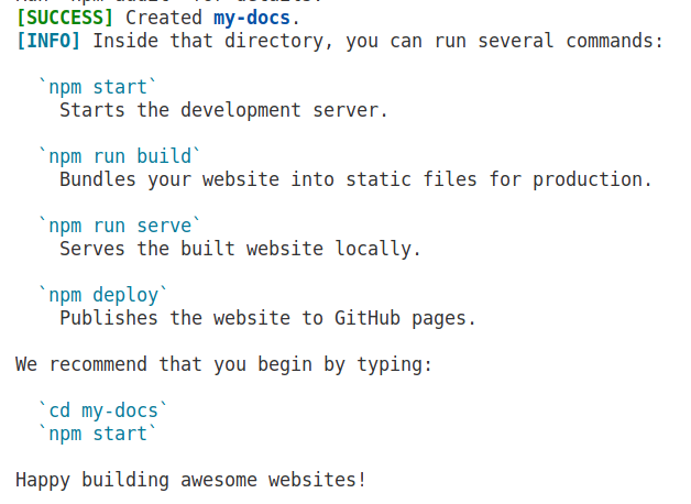 Successful run of create-Docusaurus begins with [Success] Created docusaurus-example
