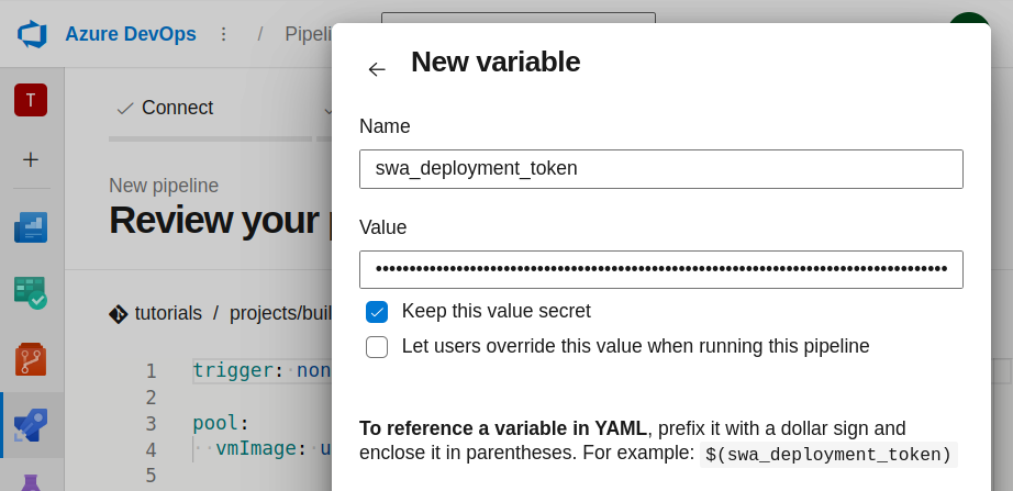 Form shows a key and value for adding a variable