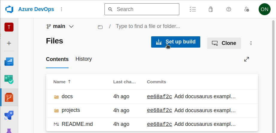 DevOps shows set up build button when viewing repo