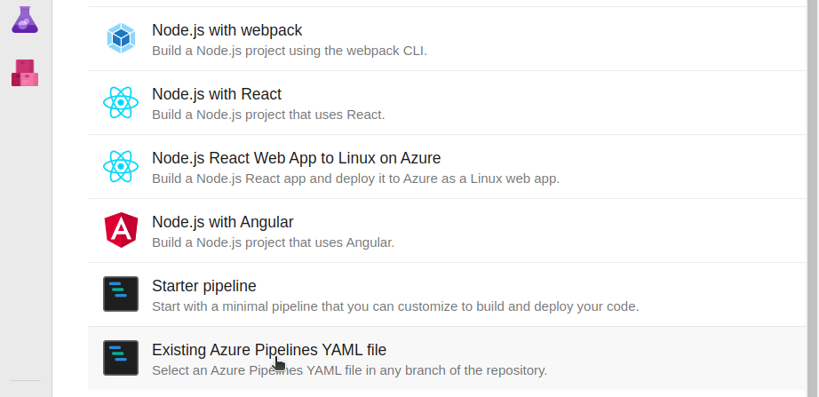 Create build options include Existing Azure Pipelines YAML File