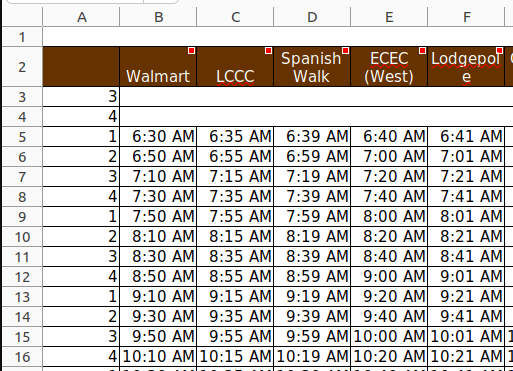 Raw timetable as provided by the department. Cells are variously shaded and merged.
